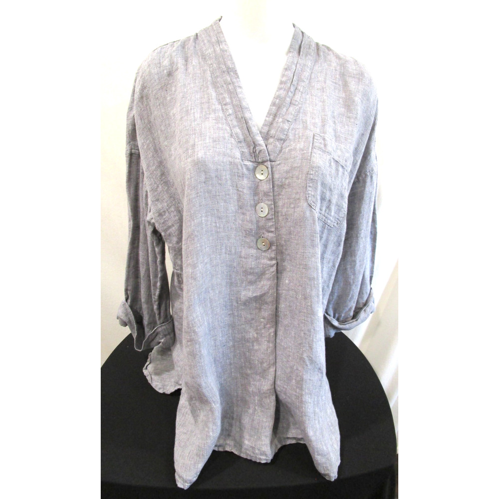 J. Jill Gray 100% Linen Shell Buttons V Neck 3/4 Slv Tunic Top Women L